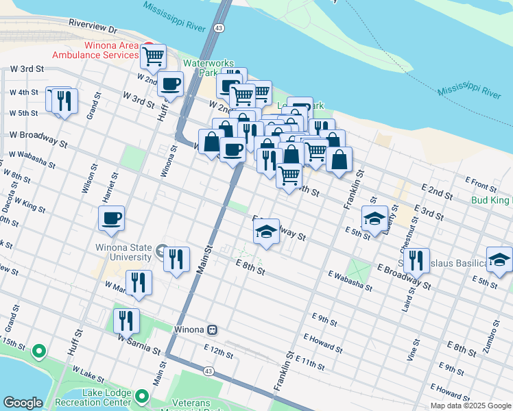 map of restaurants, bars, coffee shops, grocery stores, and more near 67 West 5th Street in Winona