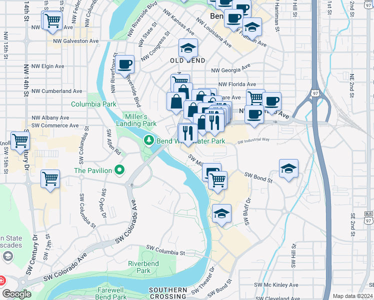 map of restaurants, bars, coffee shops, grocery stores, and more near 700 Southwest Industrial Way in Bend