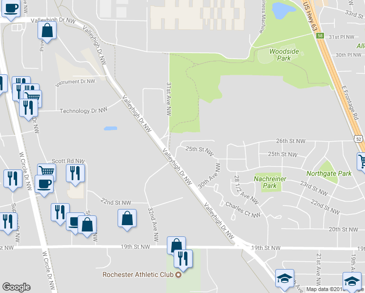 map of restaurants, bars, coffee shops, grocery stores, and more near 3065 25th Street Northwest in Rochester