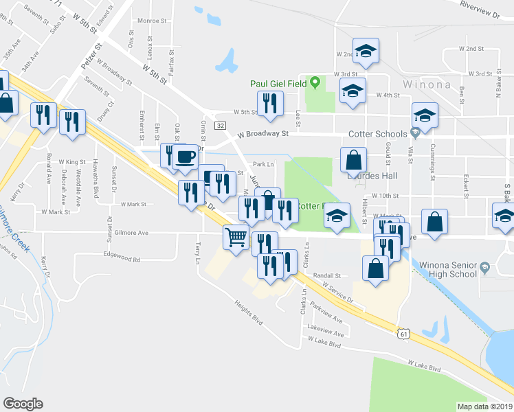 map of restaurants, bars, coffee shops, grocery stores, and more near 528 Maceman Street in Winona