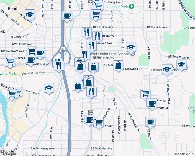 map of restaurants, bars, coffee shops, grocery stores, and more near 310 Southeast Railroad Street in Bend