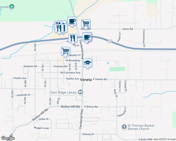 map of restaurants, bars, coffee shops, grocery stores, and more near 88131 Territorial Highway in Veneta