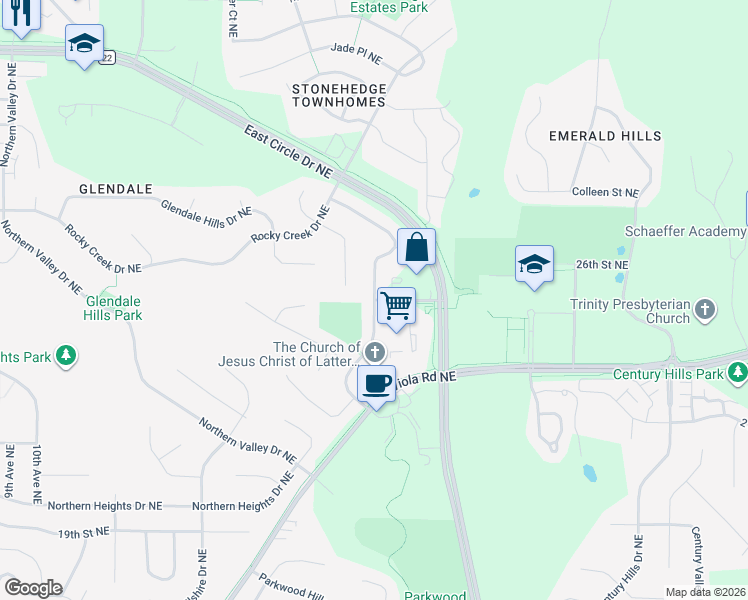 map of restaurants, bars, coffee shops, grocery stores, and more near 2251 26th Street Northeast in Rochester