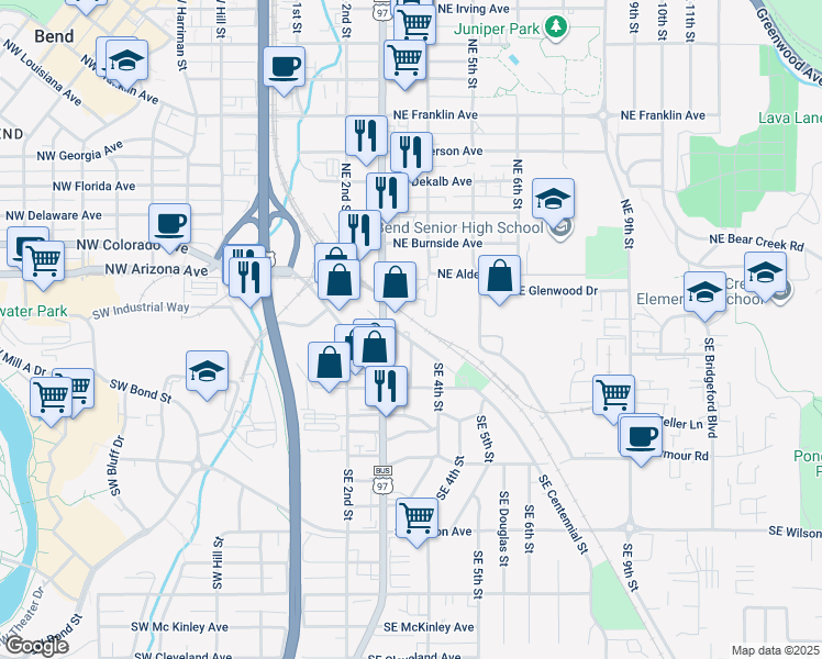 map of restaurants, bars, coffee shops, grocery stores, and more near 310 Southeast Railroad Street in Bend