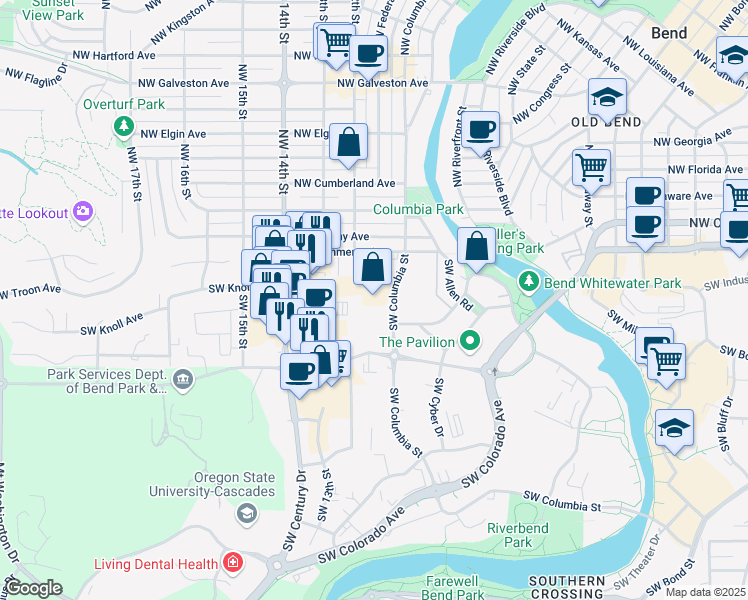 map of restaurants, bars, coffee shops, grocery stores, and more near 107 Southwest Columbia Street in Bend