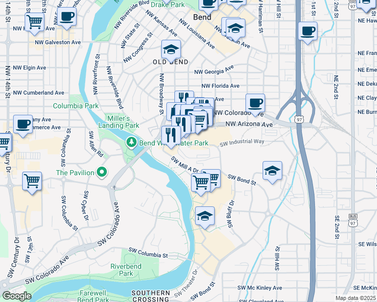 map of restaurants, bars, coffee shops, grocery stores, and more near 730 Southwest Industrial Way in Bend