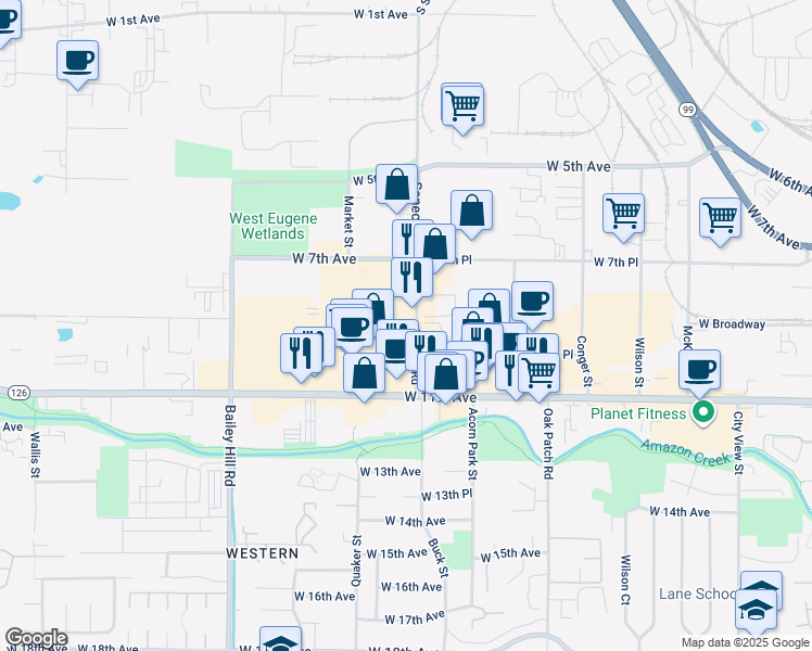 map of restaurants, bars, coffee shops, grocery stores, and more near 874 Seneca Rd in Eugene
