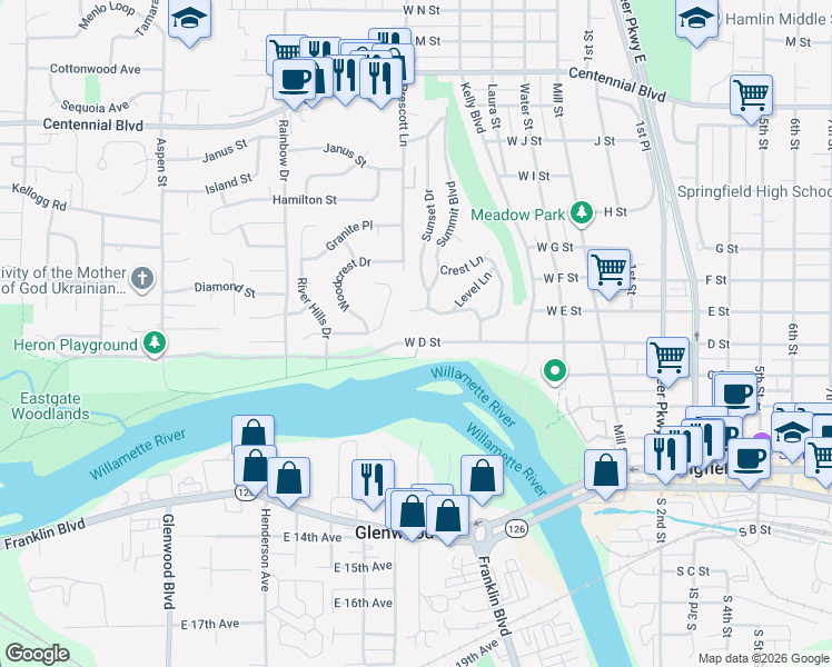 map of restaurants, bars, coffee shops, grocery stores, and more near 495 Riverview Boulevard in Springfield