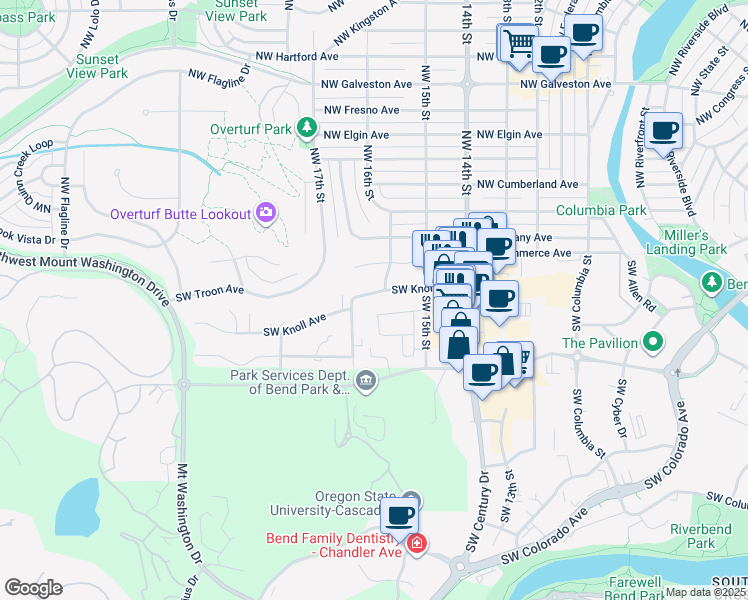 map of restaurants, bars, coffee shops, grocery stores, and more near 1623 Southwest Knoll Avenue in Bend