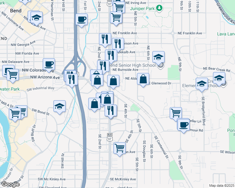 map of restaurants, bars, coffee shops, grocery stores, and more near 310 Southeast Railroad Street in Bend