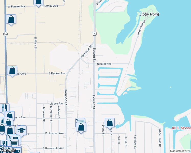 map of restaurants, bars, coffee shops, grocery stores, and more near 2620 Bowen Street in Oshkosh