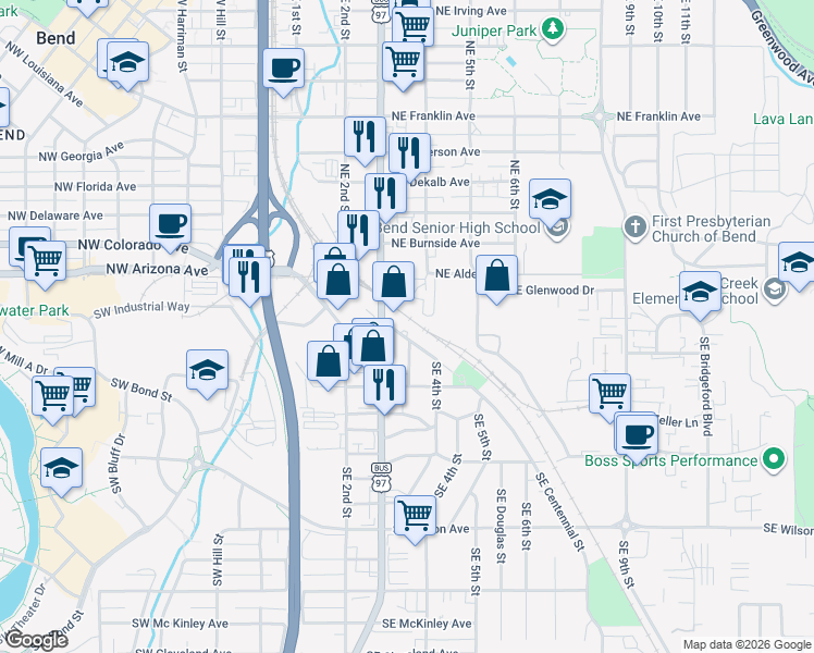 map of restaurants, bars, coffee shops, grocery stores, and more near 310 Southeast Railroad Street in Bend
