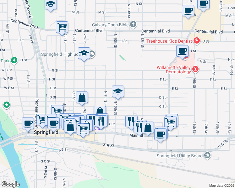 map of restaurants, bars, coffee shops, grocery stores, and more near 1034 E Street in Springfield