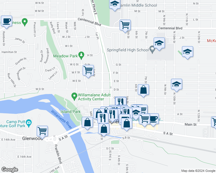 map of restaurants, bars, coffee shops, grocery stores, and more near 233 E Street in Springfield