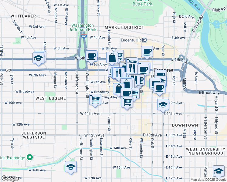 map of restaurants, bars, coffee shops, grocery stores, and more near 824 Charnelton Street in Eugene