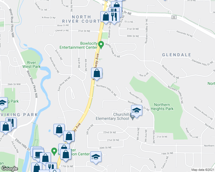 map of restaurants, bars, coffee shops, grocery stores, and more near 2518 North Broadway Avenue in Rochester
