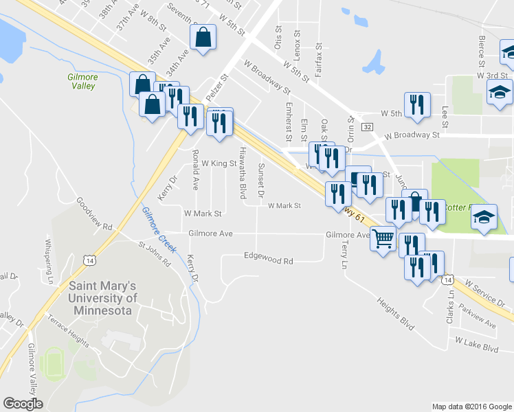 map of restaurants, bars, coffee shops, grocery stores, and more near 1798 West Mark Street in Winona