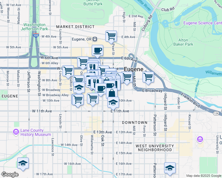 map of restaurants, bars, coffee shops, grocery stores, and more near 191 East Broadway in Eugene