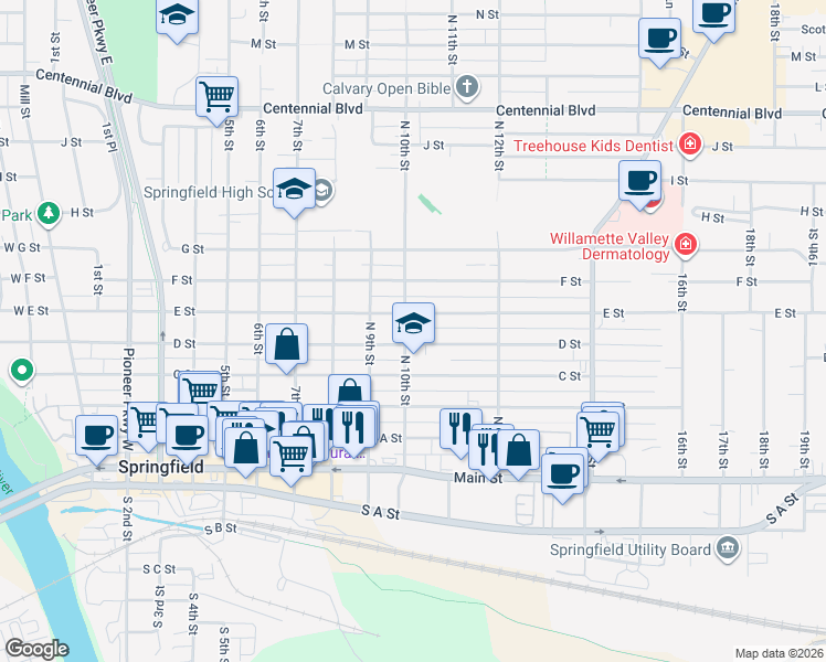 map of restaurants, bars, coffee shops, grocery stores, and more near 1034 E Street in Springfield
