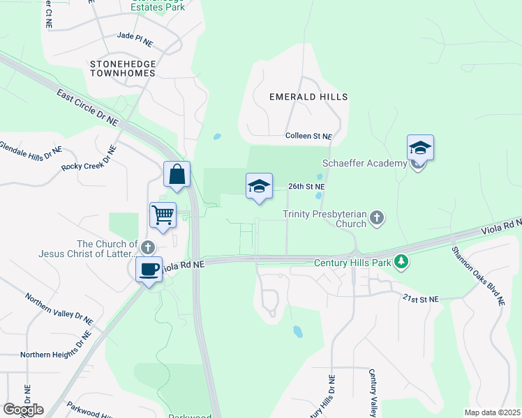 map of restaurants, bars, coffee shops, grocery stores, and more near 2525 Viola Road Northeast in Rochester