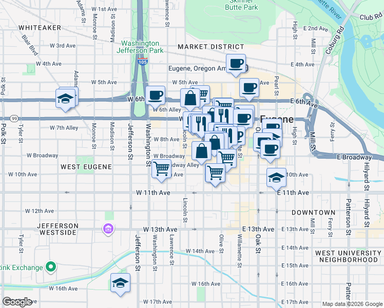 map of restaurants, bars, coffee shops, grocery stores, and more near 255 West Broadway in Eugene