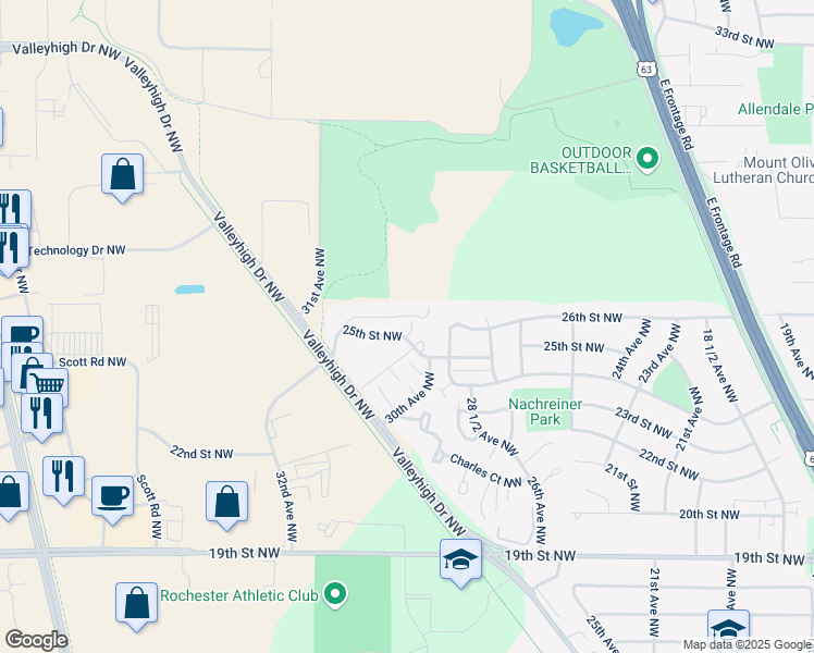 map of restaurants, bars, coffee shops, grocery stores, and more near 3073 25th Street Northwest in Rochester