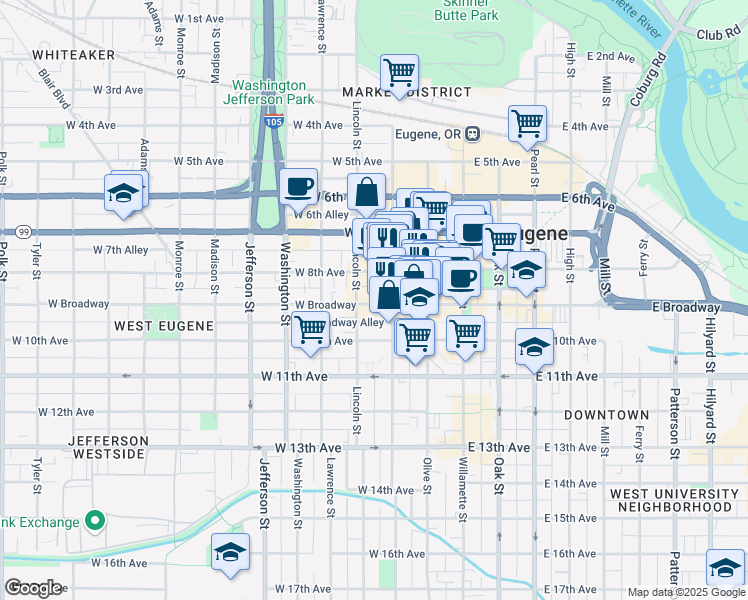 map of restaurants, bars, coffee shops, grocery stores, and more near 824 Charnelton Street in Eugene