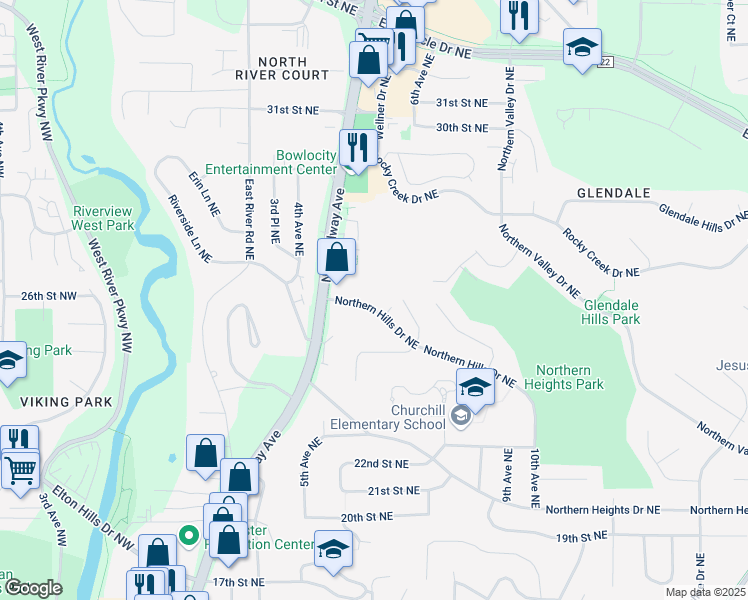 map of restaurants, bars, coffee shops, grocery stores, and more near 2518 North Broadway Avenue in Rochester