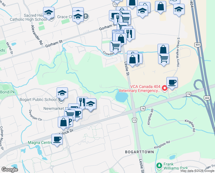 map of restaurants, bars, coffee shops, grocery stores, and more near 900 Bogart Mill Trail in Newmarket
