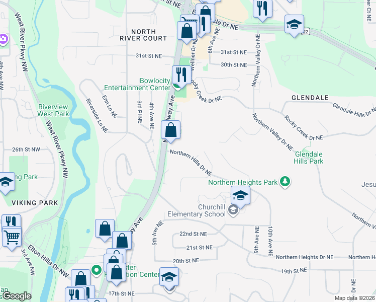 map of restaurants, bars, coffee shops, grocery stores, and more near 537 Northern Hills Drive Northeast in Rochester
