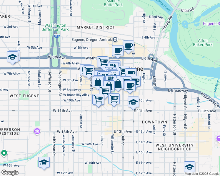 map of restaurants, bars, coffee shops, grocery stores, and more near Willamette Street in Eugene