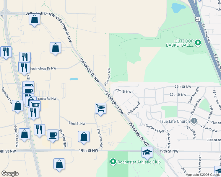 map of restaurants, bars, coffee shops, grocery stores, and more near 3085 25th Street Northwest in Rochester