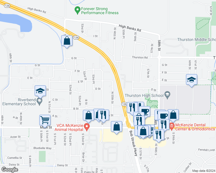 map of restaurants, bars, coffee shops, grocery stores, and more near 548 North 55th Street in Springfield