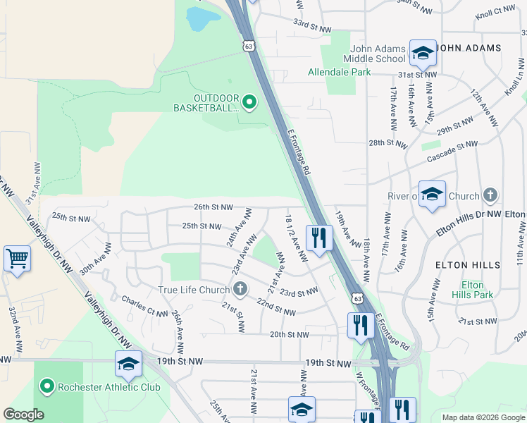 map of restaurants, bars, coffee shops, grocery stores, and more near 2121 26th Street Northwest in Rochester