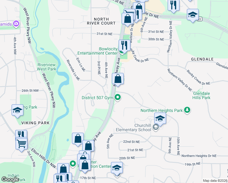 map of restaurants, bars, coffee shops, grocery stores, and more near N Broadway & Northern Hills Dr NE in Rochester