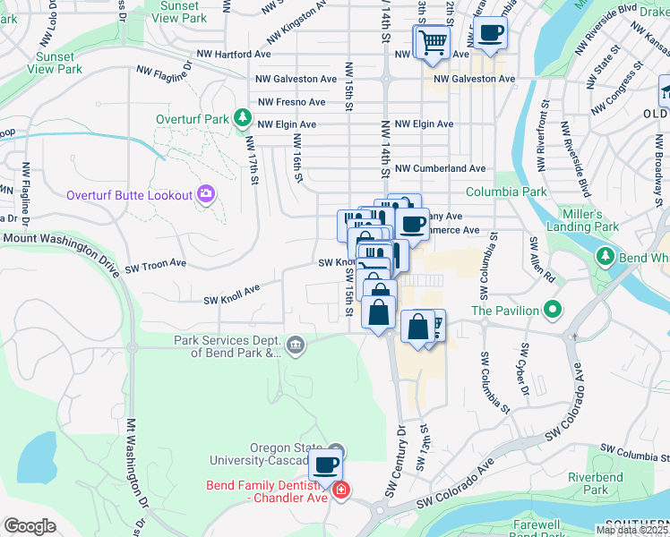 map of restaurants, bars, coffee shops, grocery stores, and more near 1544 Southwest Knoll Avenue in Bend