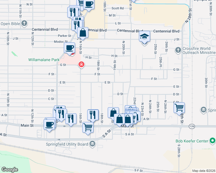 map of restaurants, bars, coffee shops, grocery stores, and more near 589 19th Street in Springfield