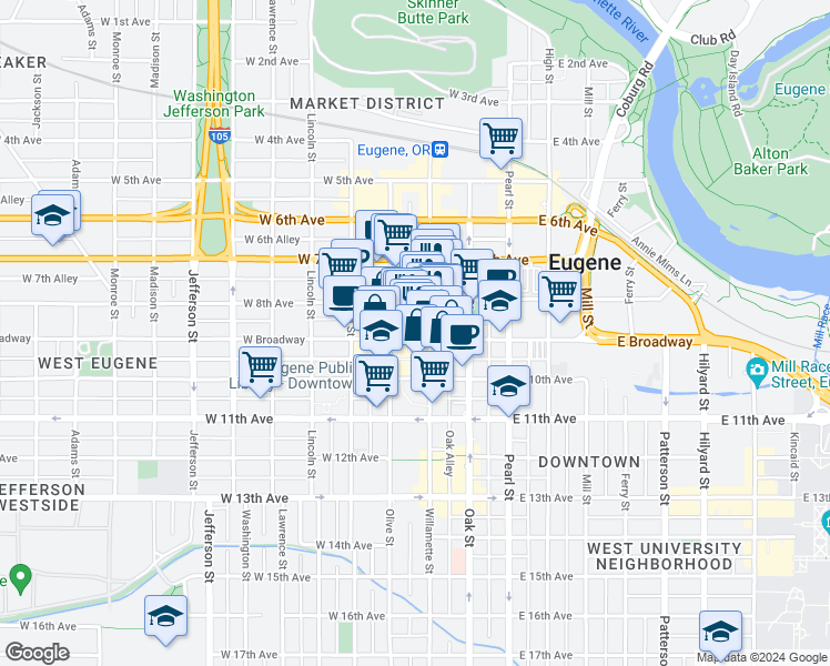map of restaurants, bars, coffee shops, grocery stores, and more near 830 Willamette Street in Eugene