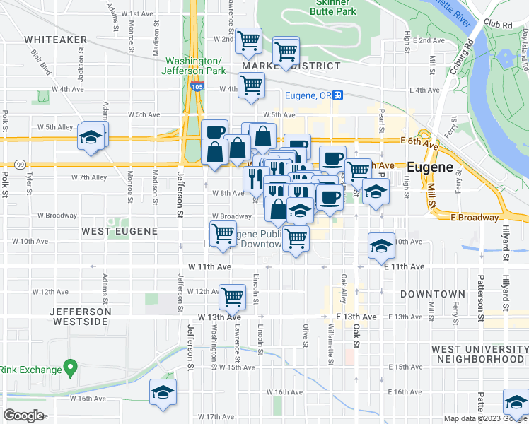 map of restaurants, bars, coffee shops, grocery stores, and more near 836 Lincoln Street in Eugene