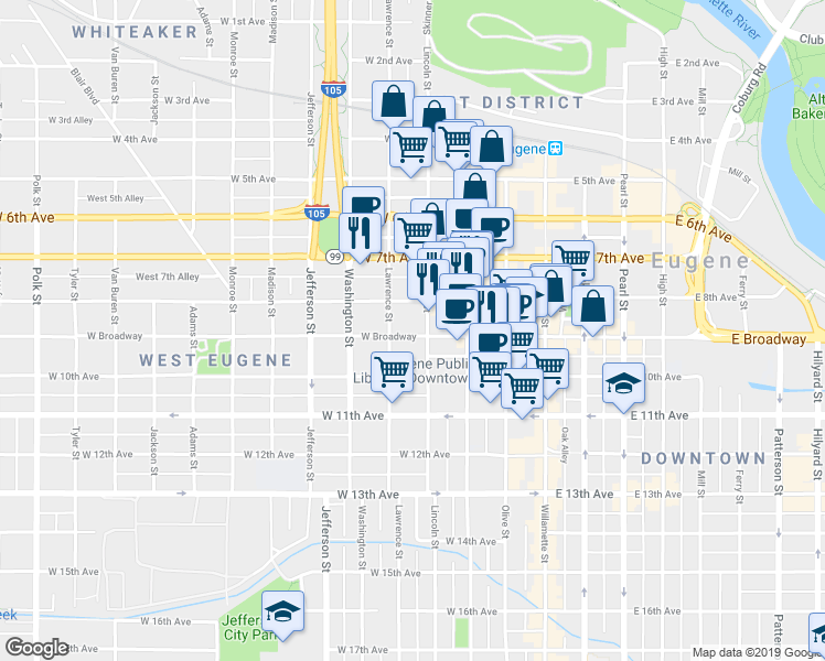 map of restaurants, bars, coffee shops, grocery stores, and more near 836 Lincoln Street in Eugene