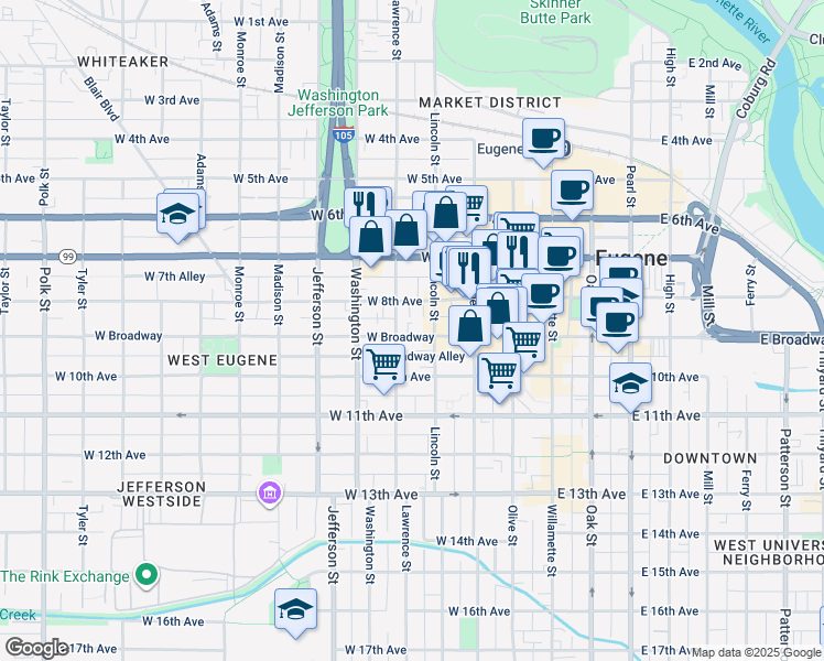 map of restaurants, bars, coffee shops, grocery stores, and more near 836 Lincoln Street in Eugene