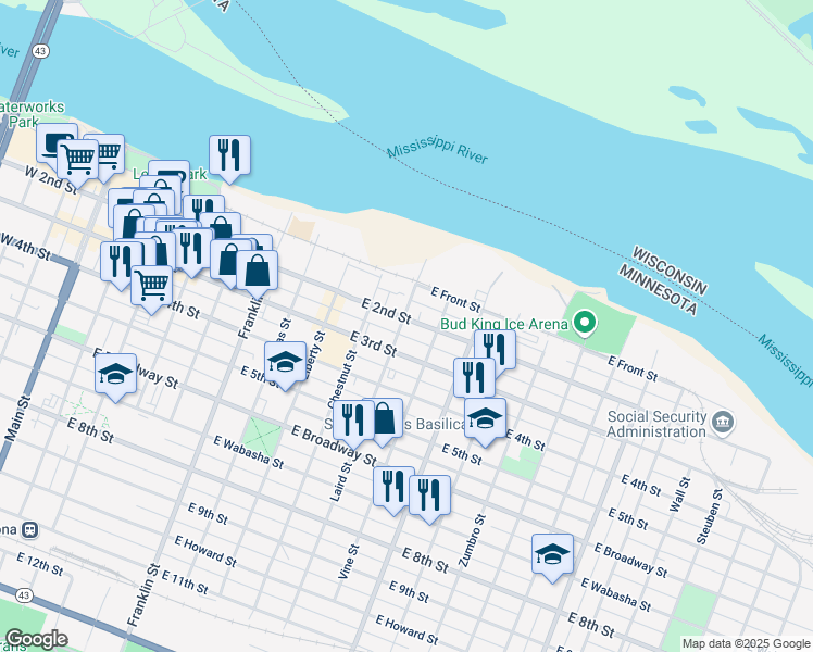 map of restaurants, bars, coffee shops, grocery stores, and more near 416 East 2nd Street in Winona