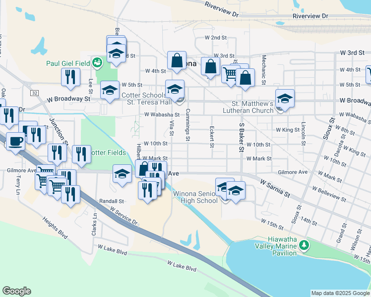 map of restaurants, bars, coffee shops, grocery stores, and more near 1106 Cummings Street in Winona
