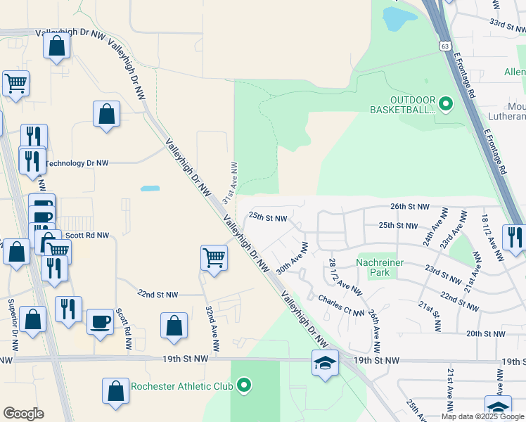 map of restaurants, bars, coffee shops, grocery stores, and more near 3055 Brittany Lane Northwest in Rochester