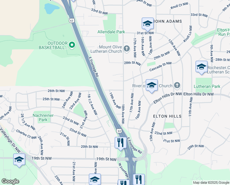 map of restaurants, bars, coffee shops, grocery stores, and more near 1827 26th Street Northwest in Rochester