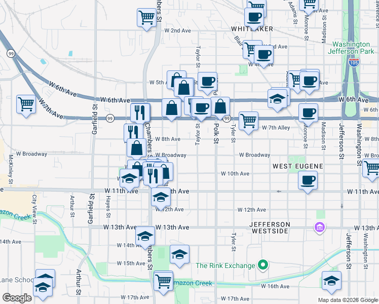 map of restaurants, bars, coffee shops, grocery stores, and more near 1431 West Broadway in Eugene