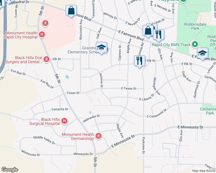 map of restaurants, bars, coffee shops, grocery stores, and more near 16 Texas Street in Rapid City