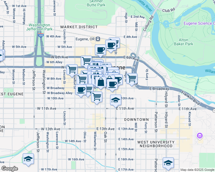 map of restaurants, bars, coffee shops, grocery stores, and more near 126 East 8th Avenue in Eugene