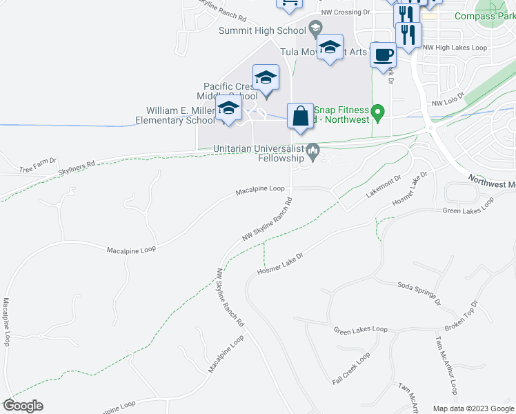 map of restaurants, bars, coffee shops, grocery stores, and more near 19155 Macalpine Loop in Bend