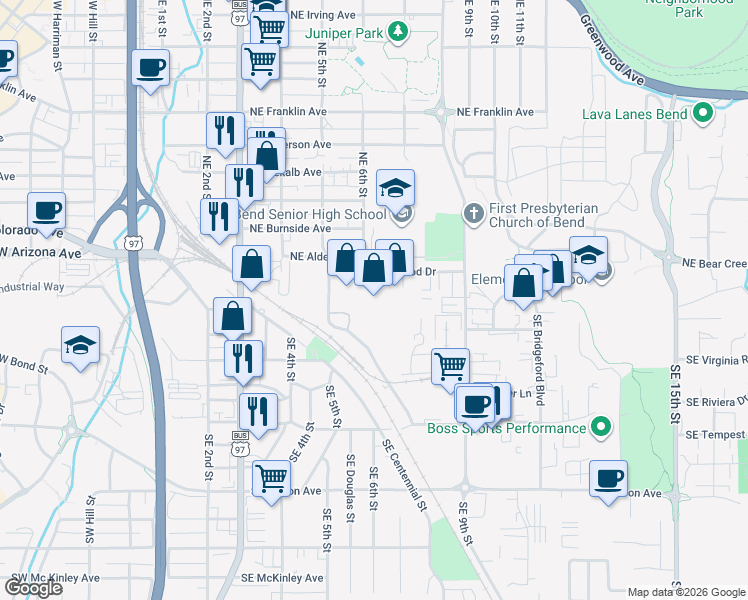 map of restaurants, bars, coffee shops, grocery stores, and more near 681 Southeast Glenwood Drive in Bend